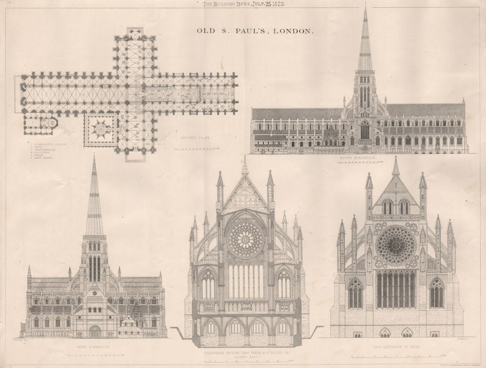 Old St. Paul's, London 1873 antique vintage print picture